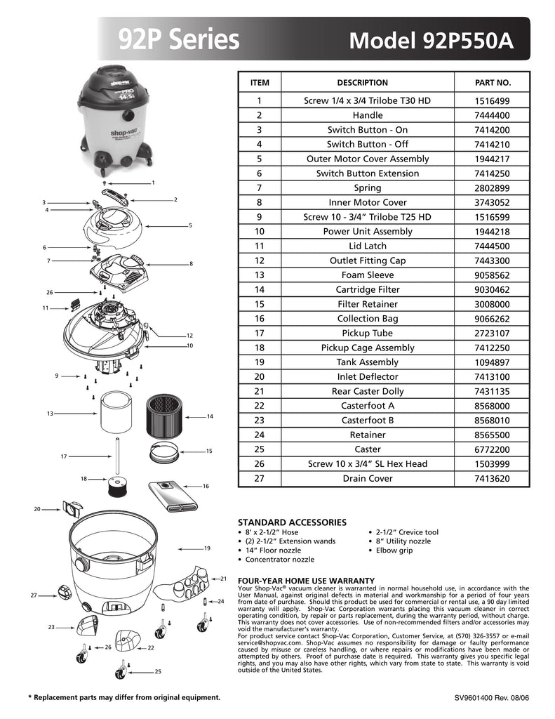 Shop-Vac Parts List for 92P550A Models (14 Gallon* Yellow / Black Vac)