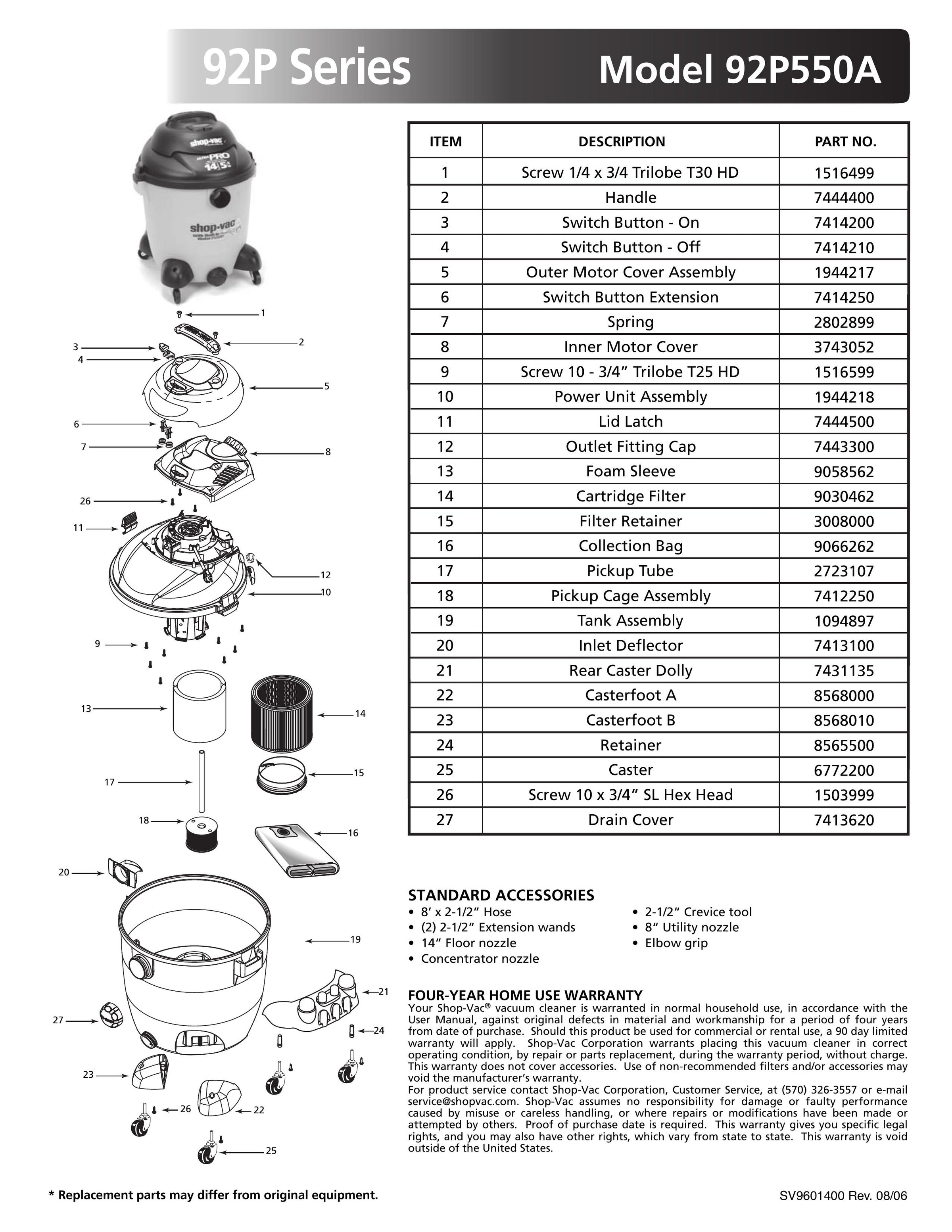 Shop-Vac Parts List for 92P550A Models (14 Gallon* Yellow / Black