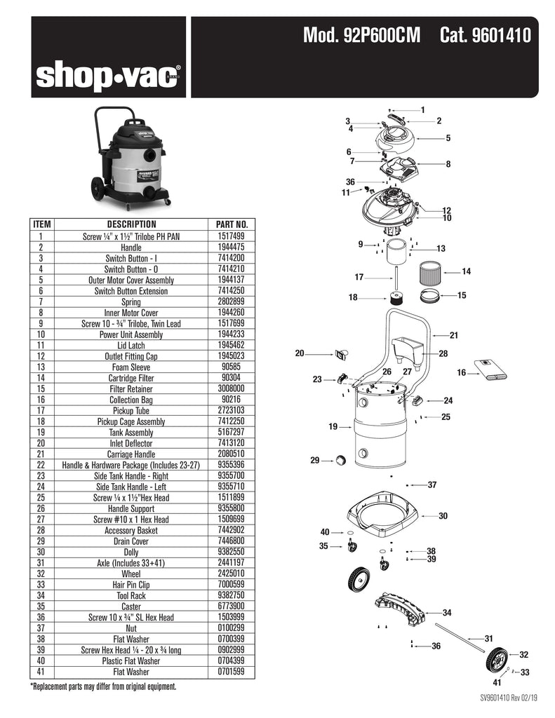 Shop-Vac Parts List for 92P600CM Models (Shop-Vac 14 Gallon* 6.0 Peak HP** Stainless Steel Industrial Pump Vac)