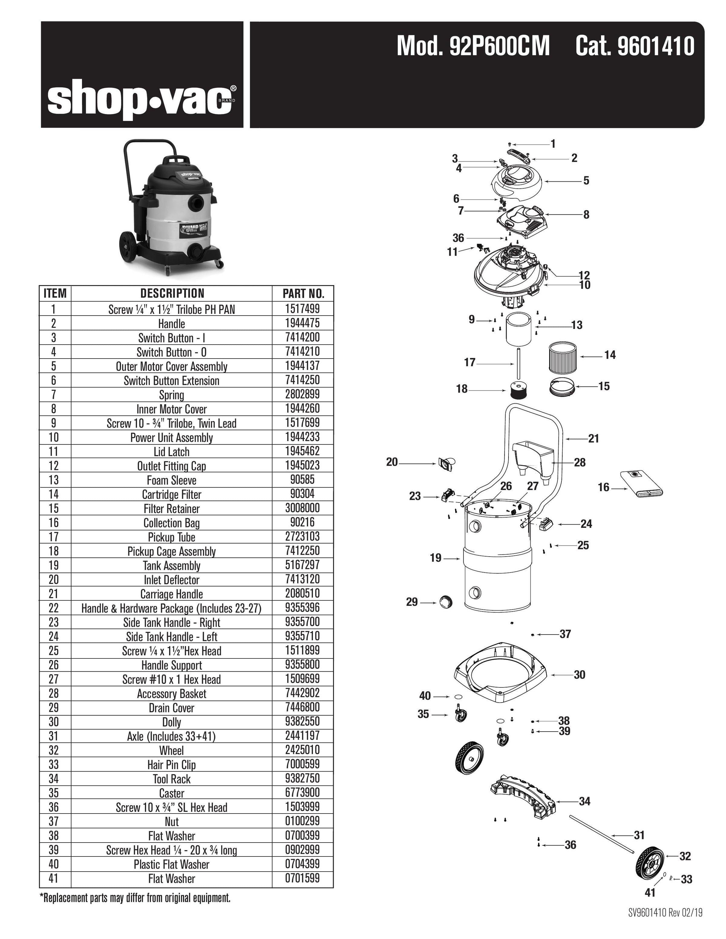 Shop-Vac Parts List for 92P600CM Models (Shop-Vac 14 Gallon* 6.0