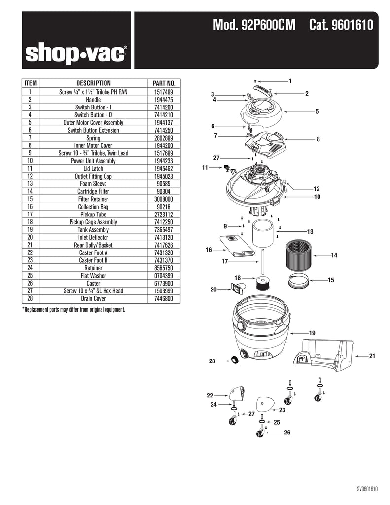 Shop-Vac Parts List for 92P600CM Models (Shop-Vac 16 Gallon* 6.0 Peak HP** Industrial Pump Vac)