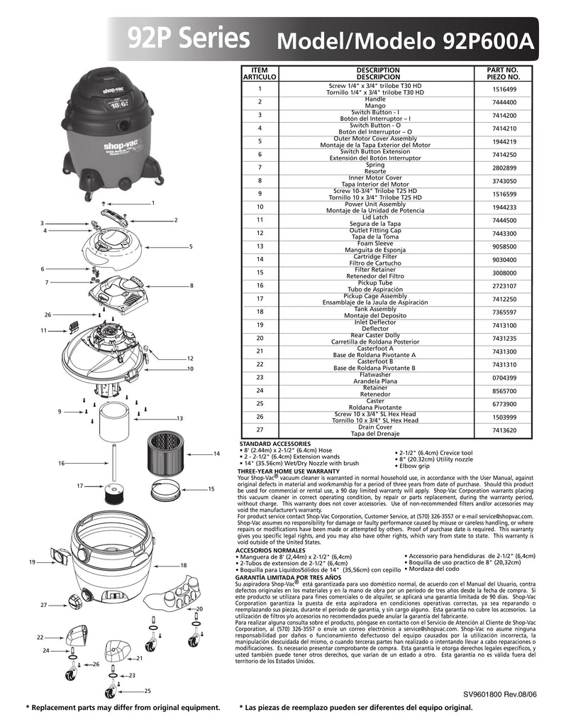 Shop-Vac Parts List for 92P600A Models (18 Gallon* Red / Black Pump Vac)