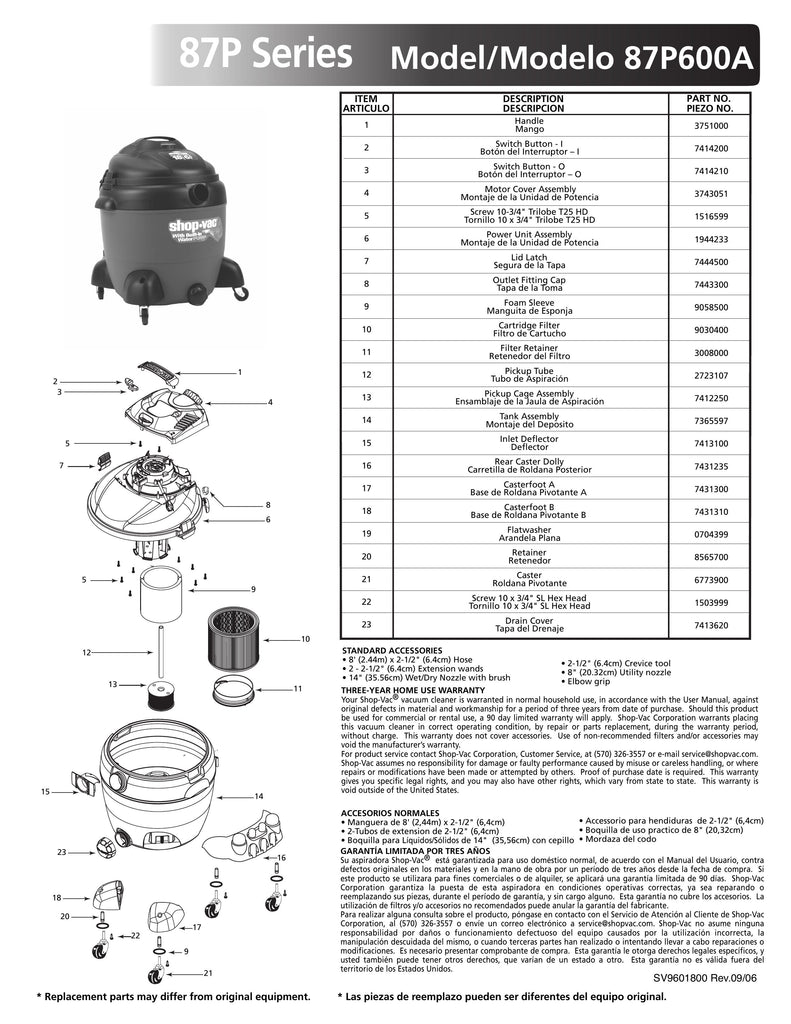 Shop-Vac Parts List for 87P600A Models (18 Gallon* Pump Vac)