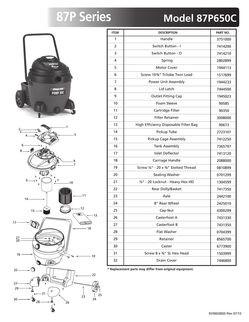 Shop-Vac Parts List for 87P650C Models (18 Gallon* Red / Black Vac)