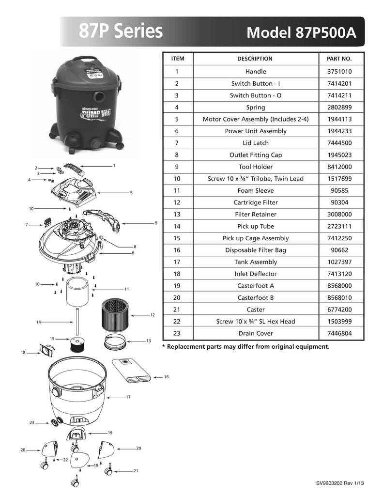 Shop-Vac Parts List for 87P500A Models (12 Gallon* Black / Red Pump Vac)