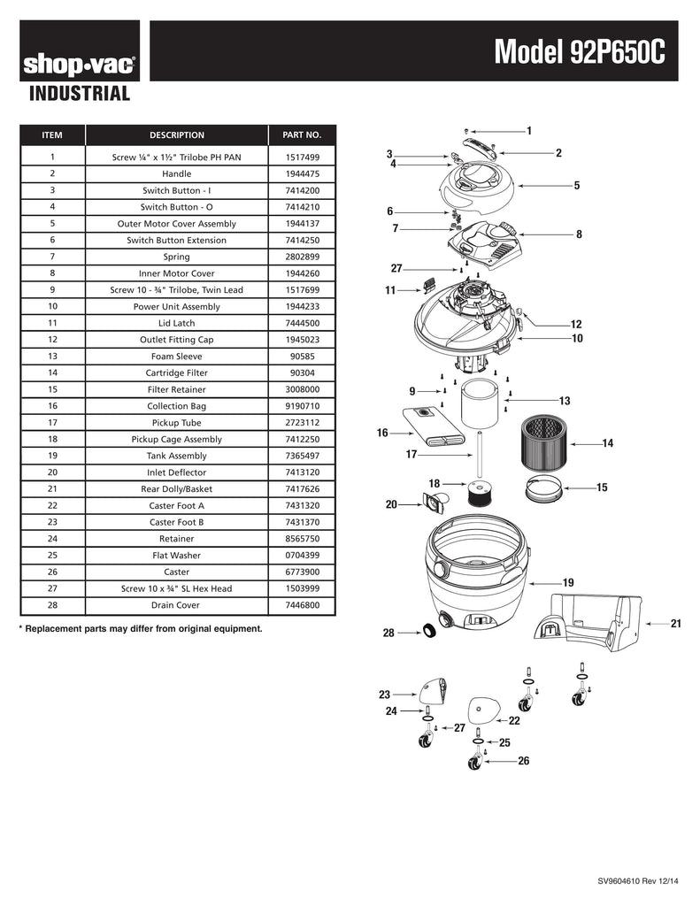 Shop-Vac Parts List for 92P650C Models (16 Gallon* Yellow / Black Industrial Pump Vac)