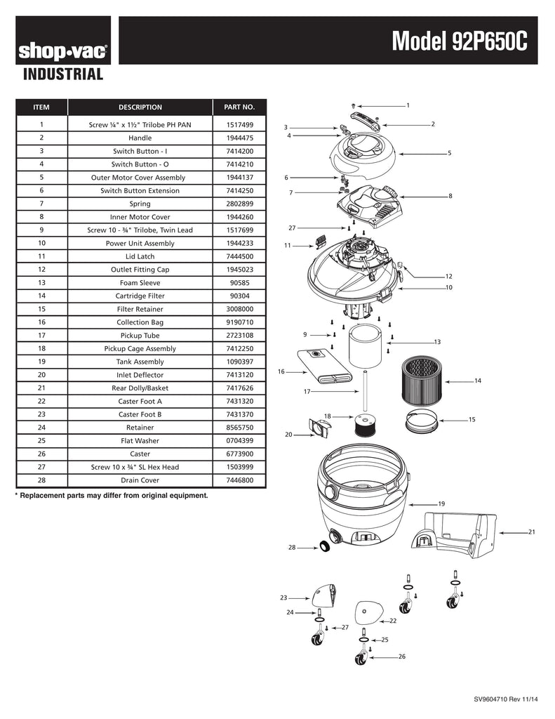 Shop-Vac Parts List for 92P650C Models (20 Gallon* Yellow / Black Industrial Pump Vac)