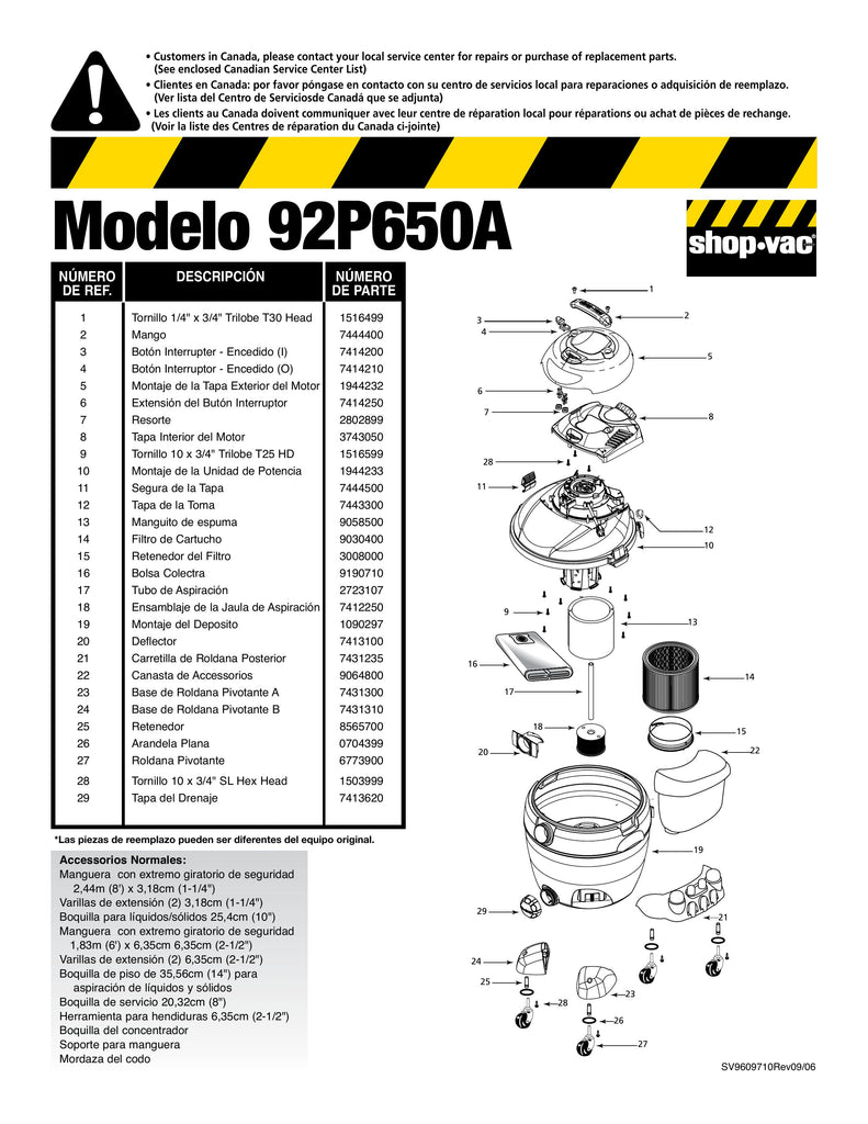 Shop-Vac Parts List for 92P650A Models (18 Gallon* Industrial Vac)