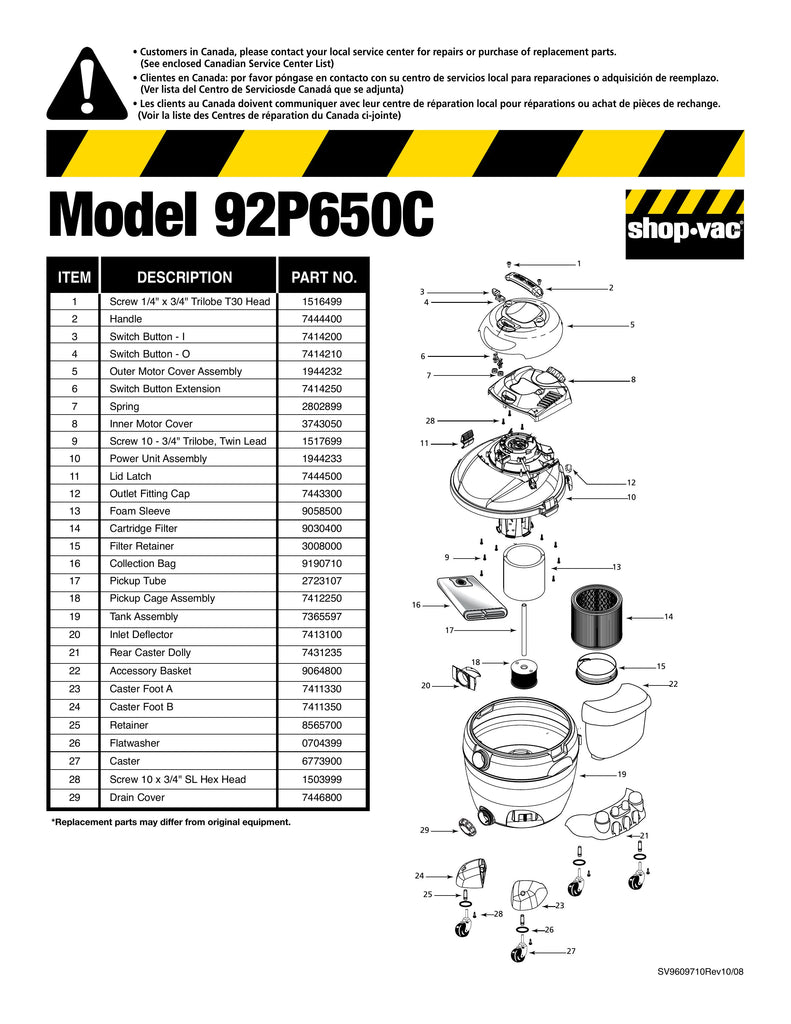 Shop-Vac Parts List for 92P650C Models (18 Gallon* Yellow / Black Industrial Pump Vac)