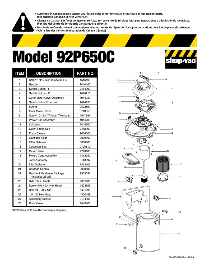 Shop-Vac Parts List for 92P650C Models (14 Gallon* Black / Stainless Steel Industrial Pump Vac w/ 3 Wheel Dolly)