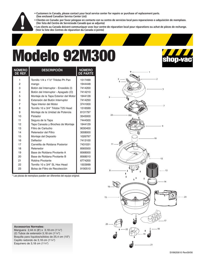 Shop-Vac Parts List for 92M300 Models (6 Gallon* Industrial Vac)