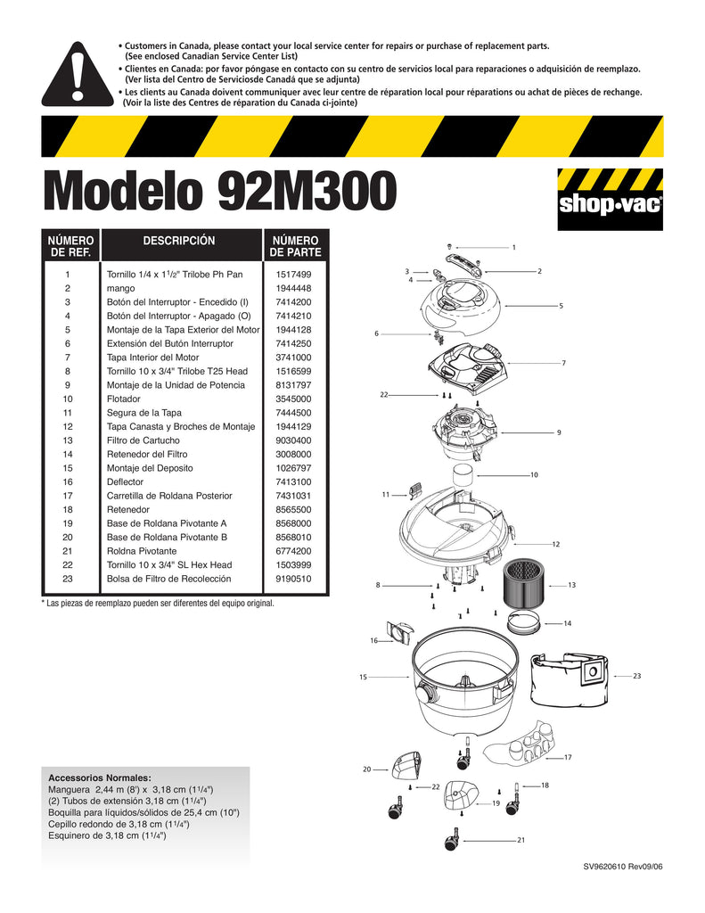 Shop-Vac Parts List for 92M300 Models (6 Gallon* Industrial Vac)