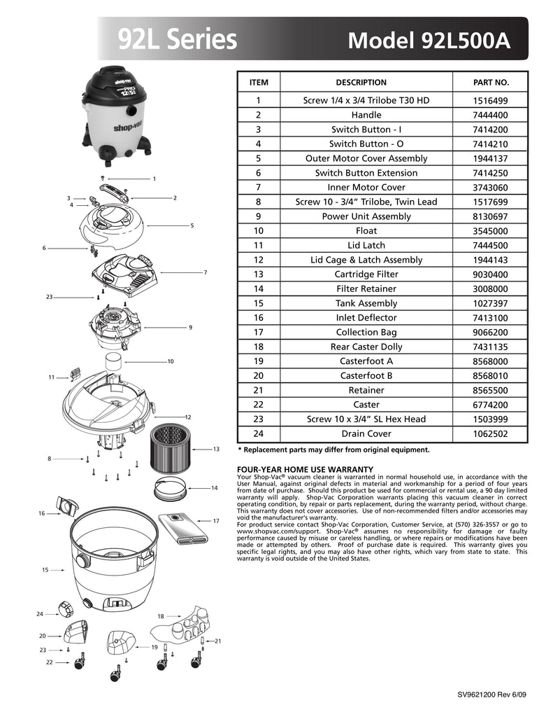Shop-Vac Parts List for 92L500A Models (12 Gallon* Yellow / Black Vac w/ Rear Dolly)