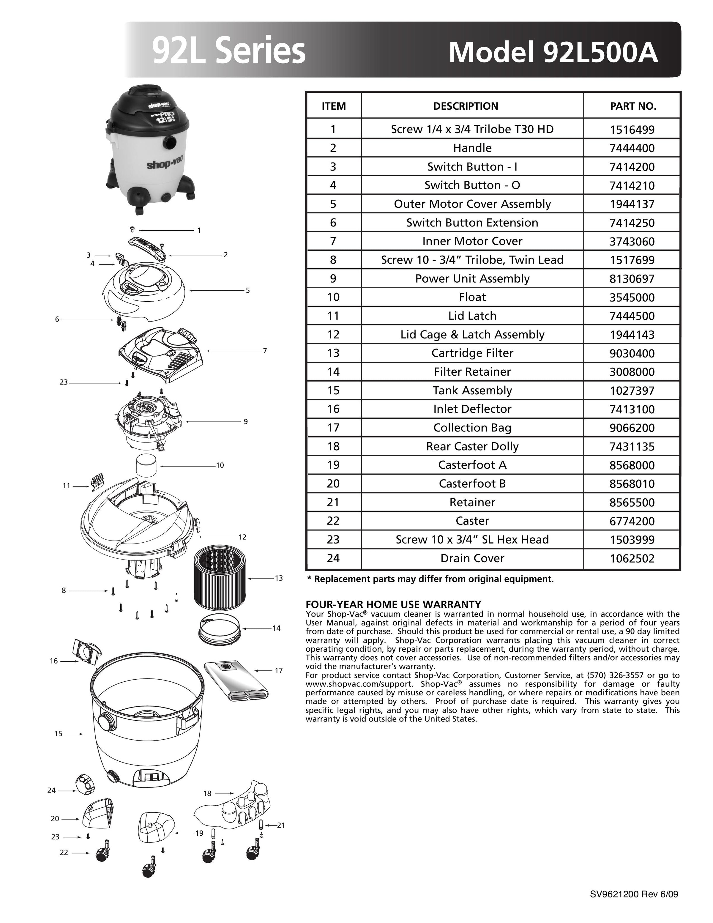 Shop-Vac Parts List for 92L500A Models (12 Gallon* Yellow / Black