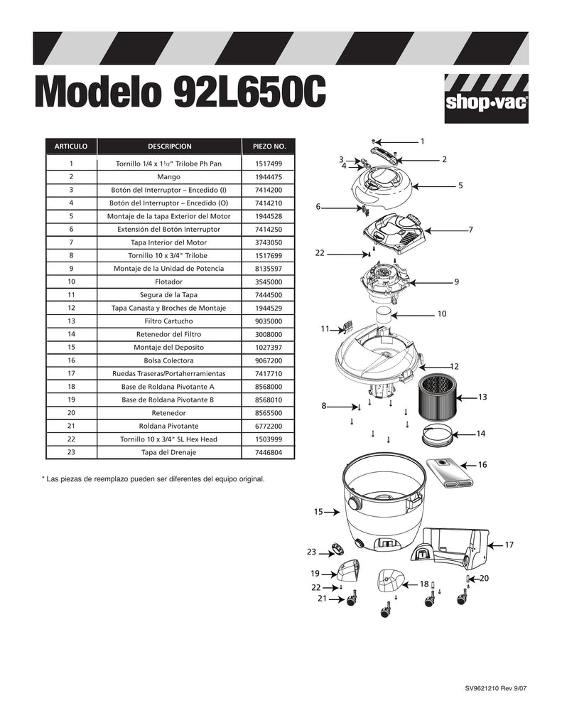 Shop-Vac Parts List for 92L650C Models (12 Gallon* Black Vac)