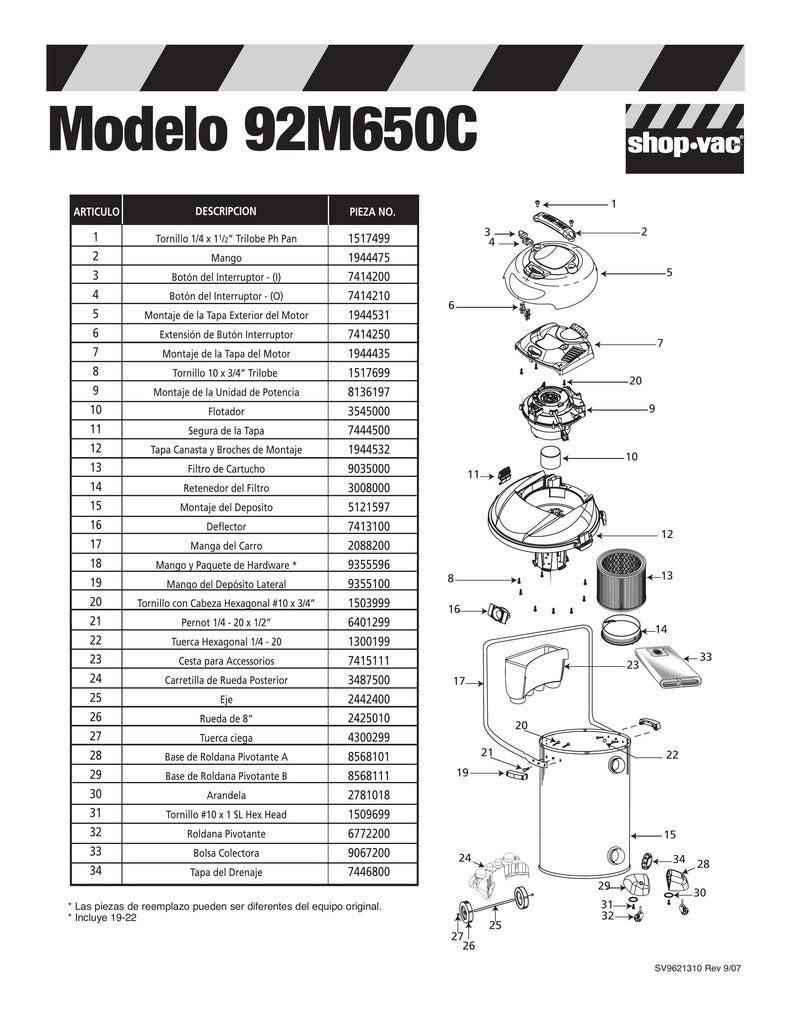 Shop-Vac Parts List for 92M650C Models (12 Gallon* Black / Stainless Steel Professional Vac)