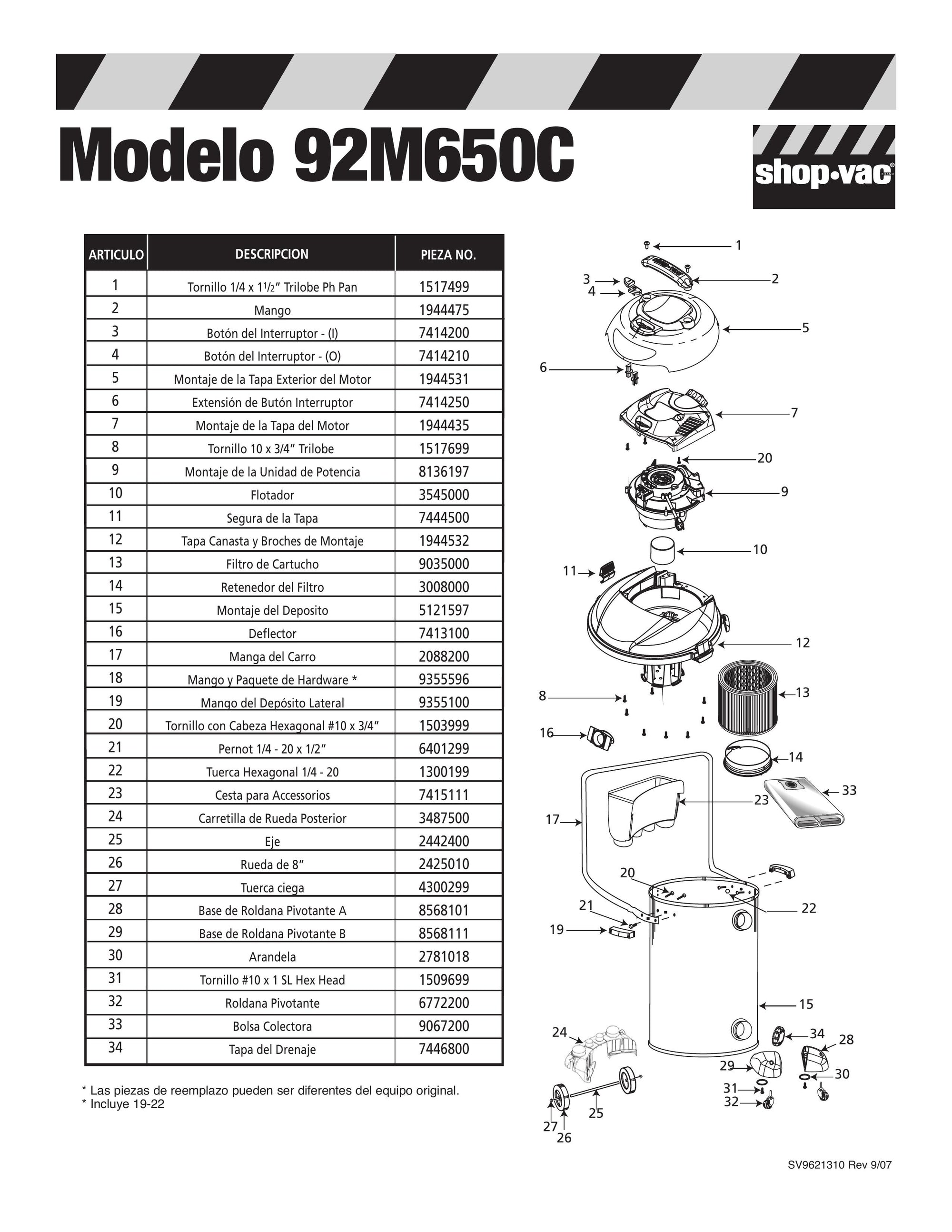 ShopVac Parts List for 92M650C Models (12 Gallon* Black / Stainless S