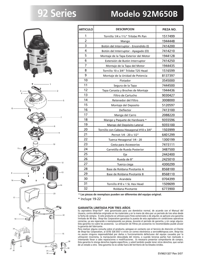 Shop-Vac Parts List for 92M650B Models (12 Gallon* Stainless Steel Vac with Large Rear Wheels & Two Front Casters)