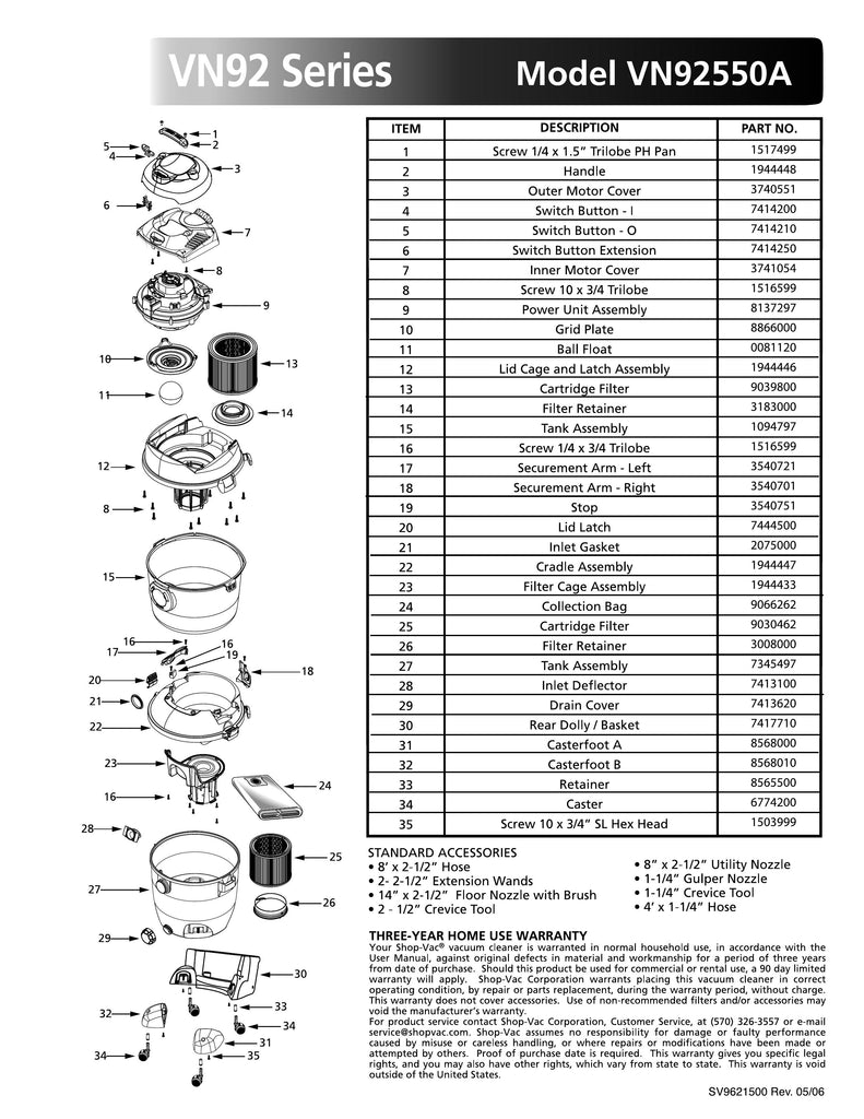 Shop-Vac Parts List for VN92550A Models (14 Gallon* Yellow / Black VacNVac®)