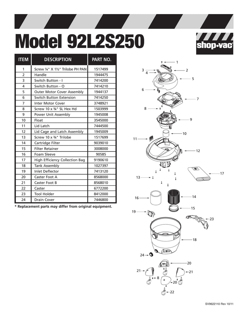 Shop-Vac Parts List for 92L2S250 Models (12 Gallon* Black / Yellow Industrial Two-Stage Vac w/ 4 Caster Feet)