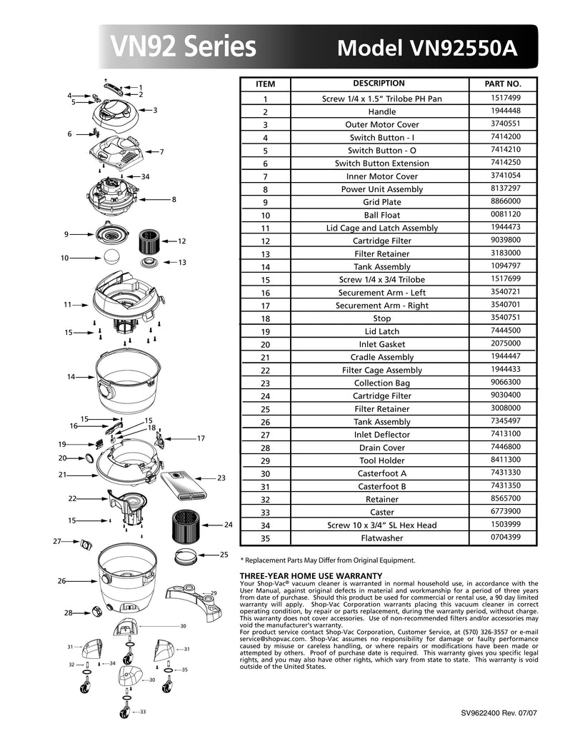 Shop-Vac Parts List for VN92550A Models (16 Gallon* Red / Black VacNVac®)