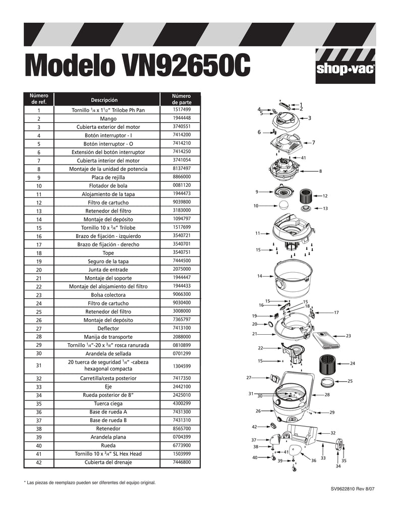 Shop-Vac Parts List for VN92650C Models (18 Gallon* Yellow / Black Industrial VacNVac® w/ Rear Basket)