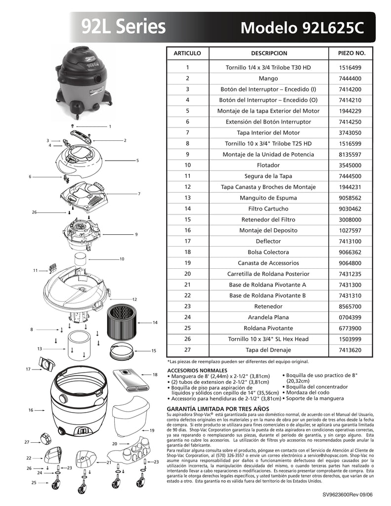 Shop-Vac Parts List for 92L625C Models (16 Gallon* Red / Black Vac)