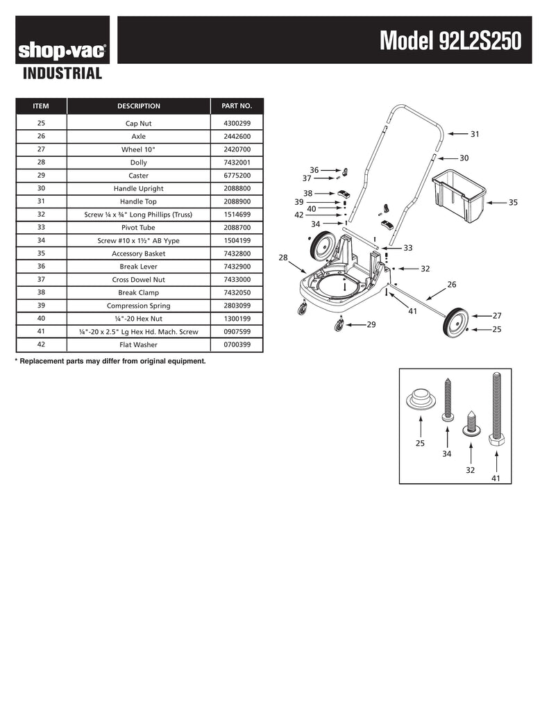 Shop-Vac Parts List for 92L2S250 Models (22 Gallon* Yellow / Black Industrial FlipNPour® Vac)
