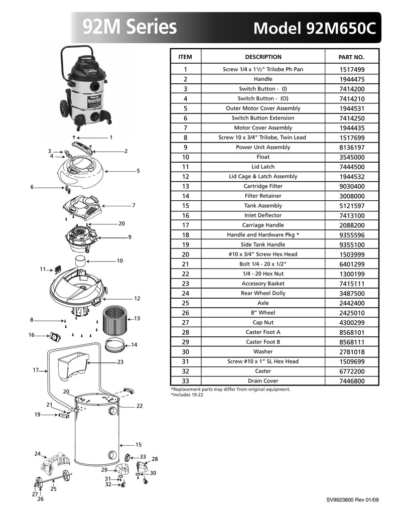 Shop-Vac Parts List for 92M650C Models (12 Gallon* Black / Stainless Steel Vac)