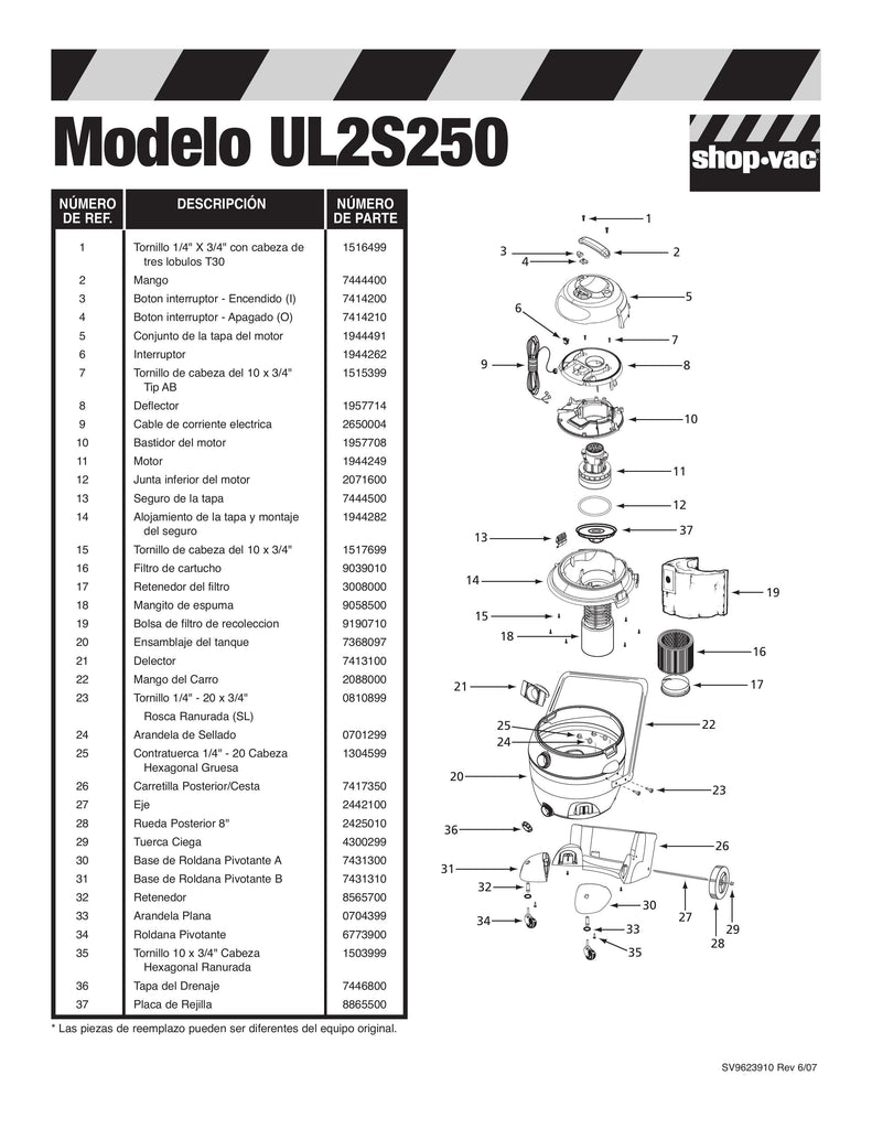 Shop-Vac Parts List for UL2S250 Models (16 Gallon* Yellow / Black Industrial Vac)