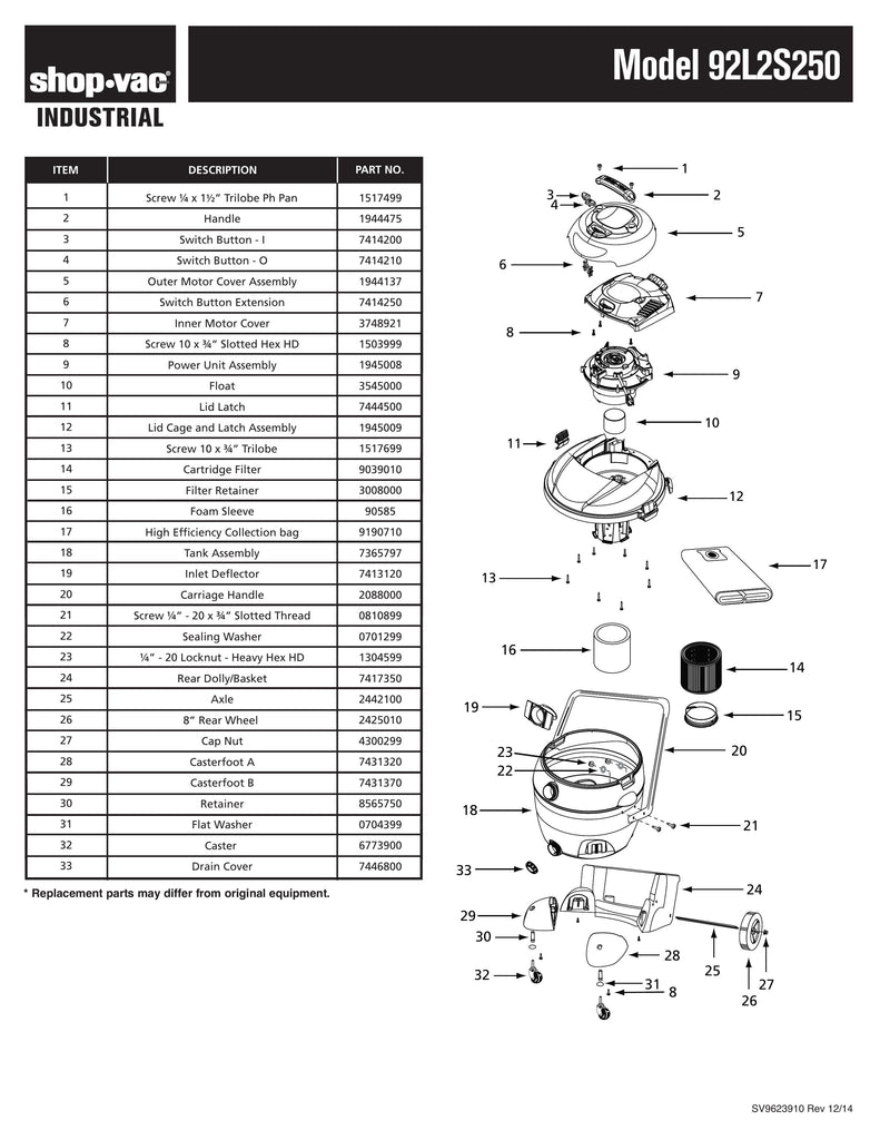 Shop-Vac Parts List for 92L2S250 Models (16 Gallon* Black  / Yellow Industrial Vac)