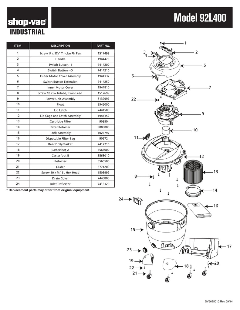 Shop-Vac Parts List for 92L400 Models (10 Gallon* Yellow / Black Industrial Vac w/ Rear Basket Dolly)