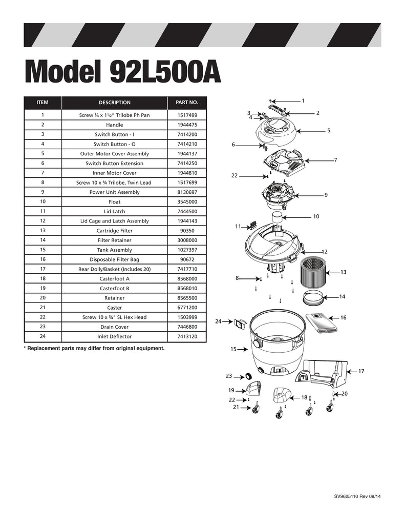 Shop-Vac Parts List for 92L500A Models (12 Gallon* Yellow / Black Industrial Vac w/Rear Basket Dolly)