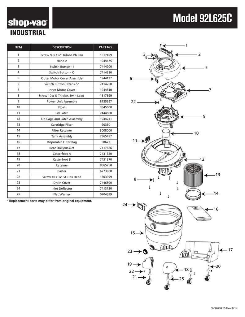 Shop-Vac Parts List for 92L625C Models (16 Gallon* Yellow / Black Industrial Vac w/ Rear Basket Dolly)