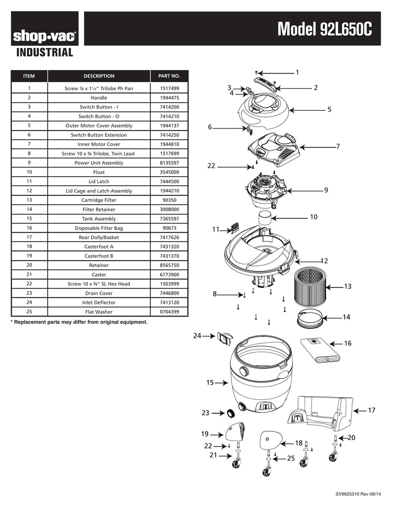 Shop-Vac Parts List for 92L650C Models (18 Gallon* Yellow / Black Industrial Vac w/ Rear Basket Dolly)