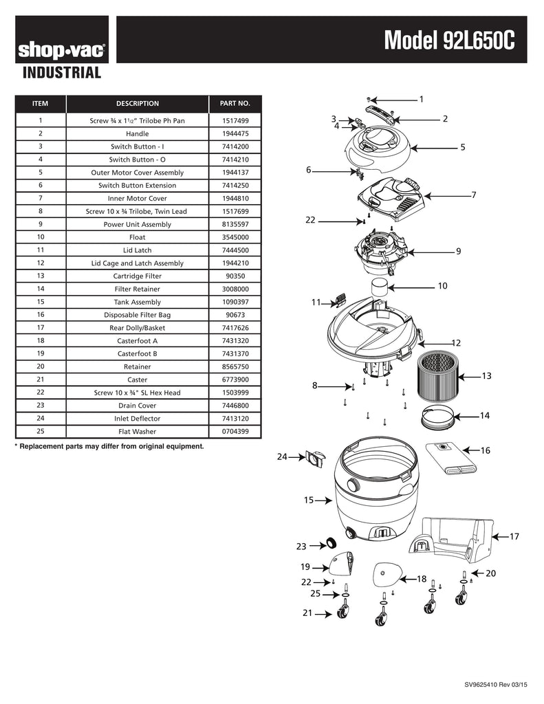 Shop-Vac Parts List for 92L650C Models (22 Gallon* Yellow / Black Industrial Vac)