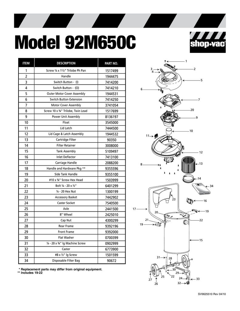 Shop-Vac Parts List for 92M650C Models (10 Gallon* Black / Stainless Steel Industrial Vac w/ 3 Wheel Dolly)