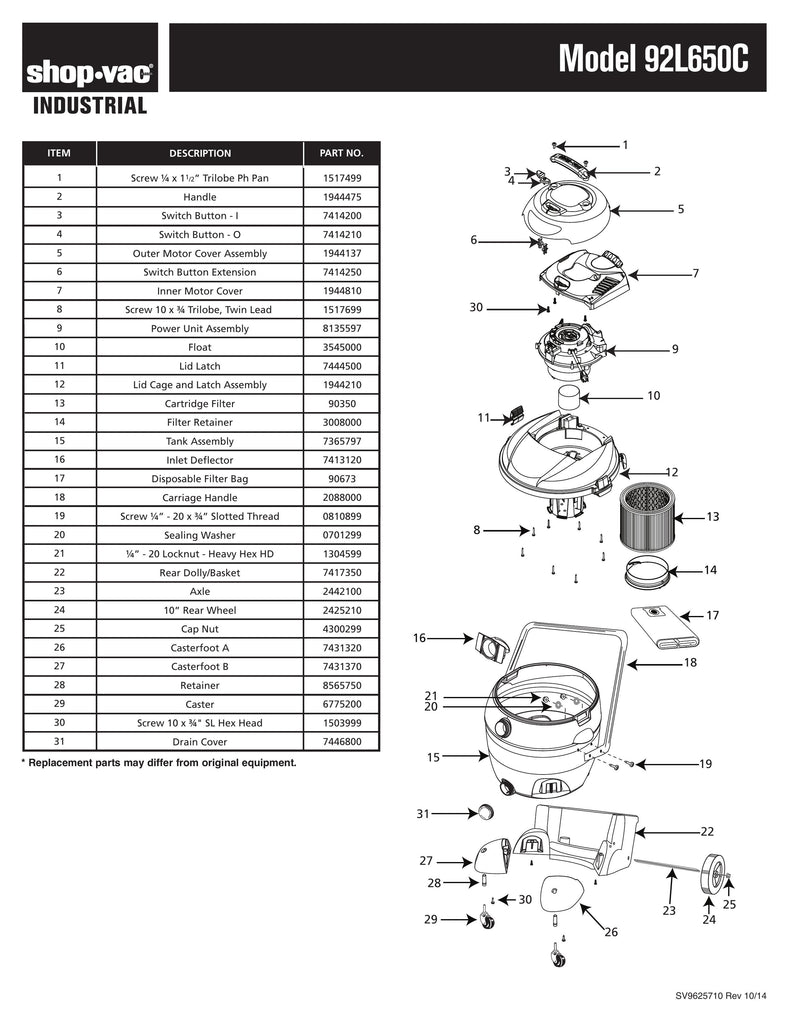 Shop-Vac Parts List for 92L650C Models (18 Gallon* Yellow / Black Industrial Vac w/ Rear Basket Dolly & Transport Handle)