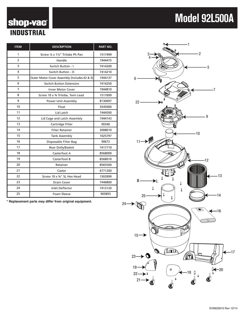 Shop-Vac Parts List for 92L500A Models (10 Gallon* Yellow / Black Industrial Vac)