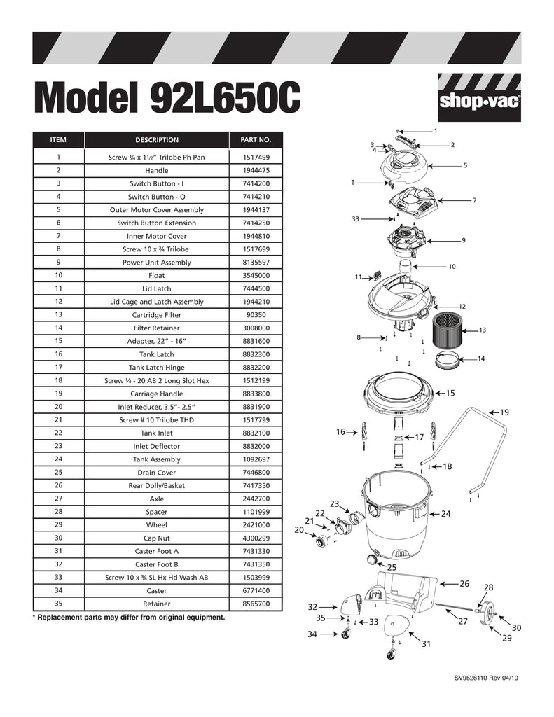 Shop-Vac Parts List for 92L650C Models (32 Gallon* Yellow / Black Industrial Vac w/ Stationary Inlet Deflector)