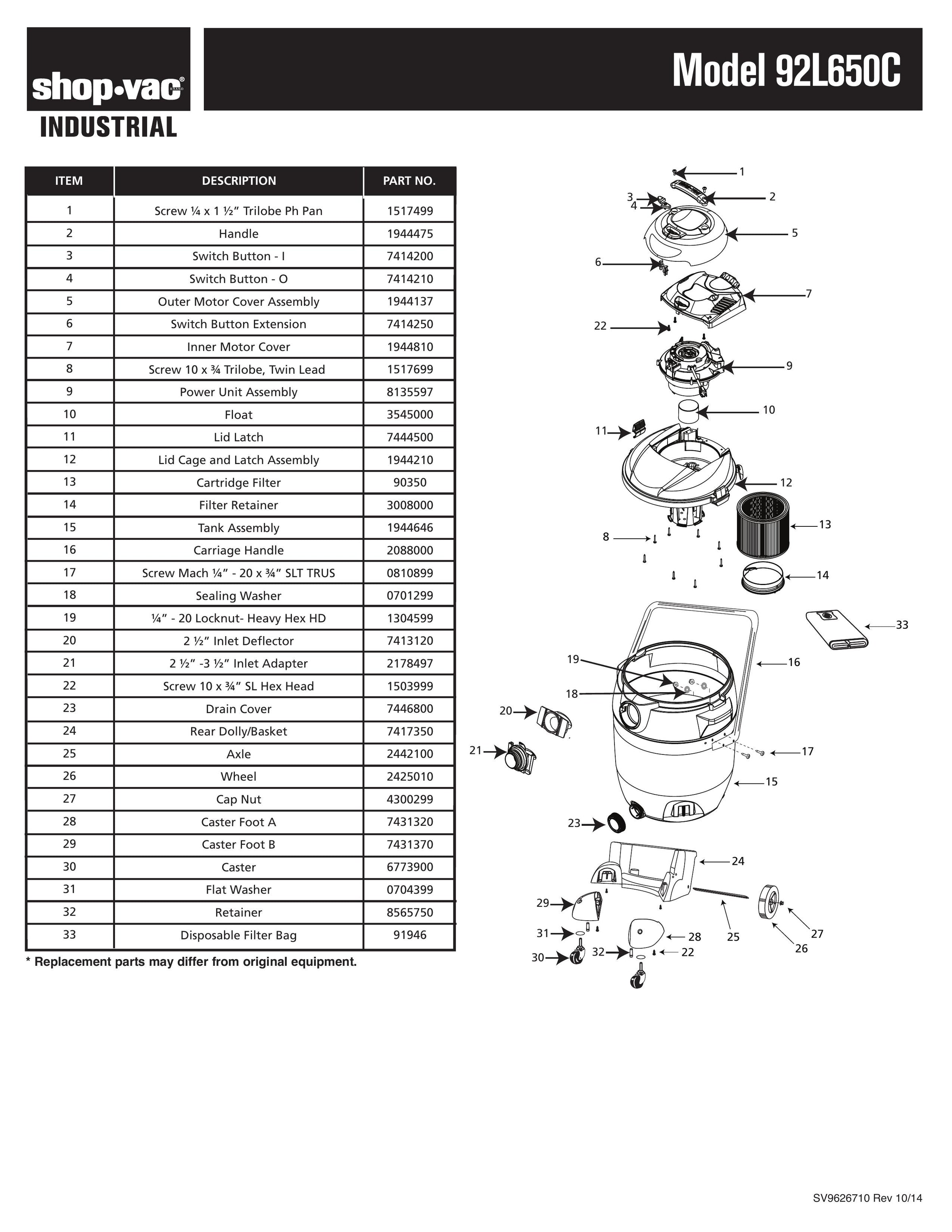 Shop-Vac Parts List for 92L650C Models (24 Gallon* Yellow / Black