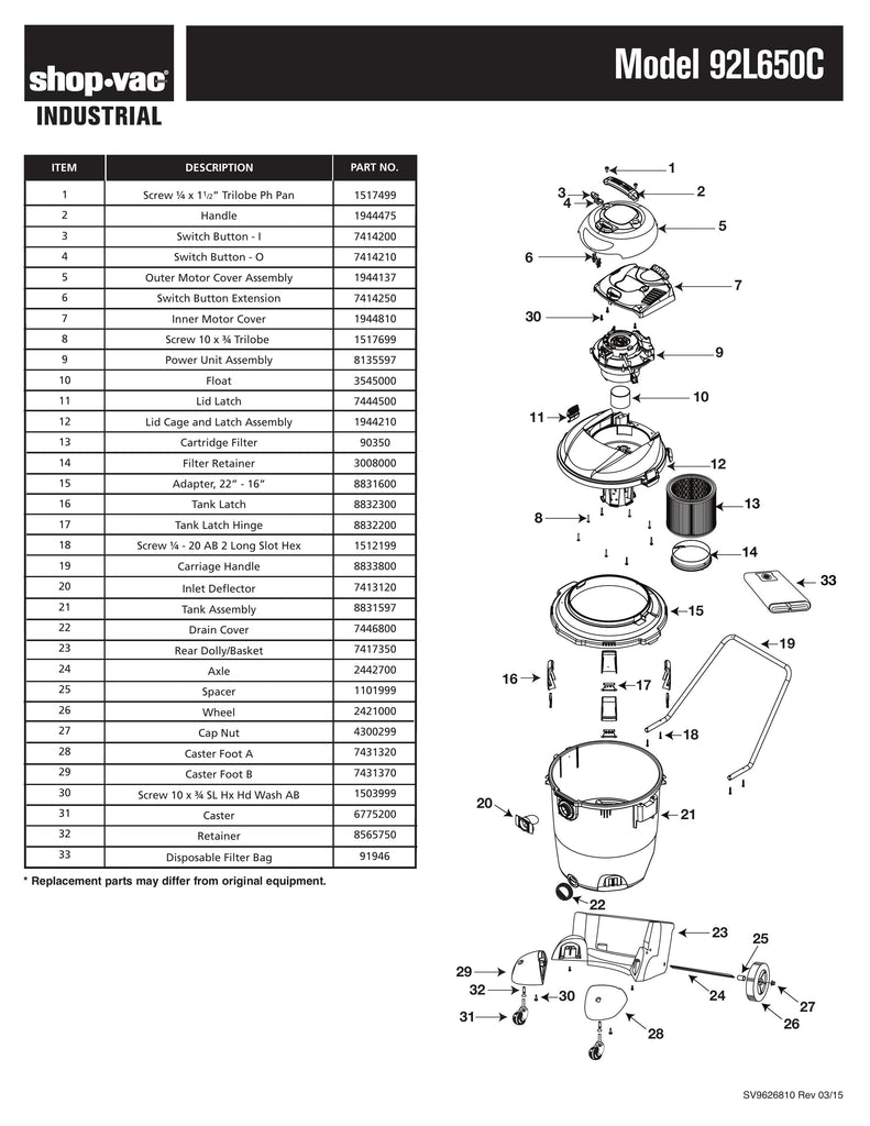 Shop-Vac Parts List for 92L650C Models (32 Gallon* Yellow / Black Industrial Vac w/ Removable Inlet Deflector)