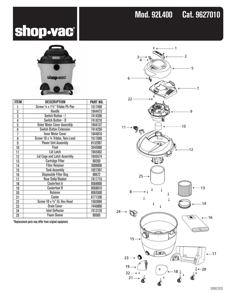 Shop-Vac Parts List for 92L400B Models (Shop-Vac 10 Gallon* 4.0 Peak HP** Contractor Wet/Dry Vac)