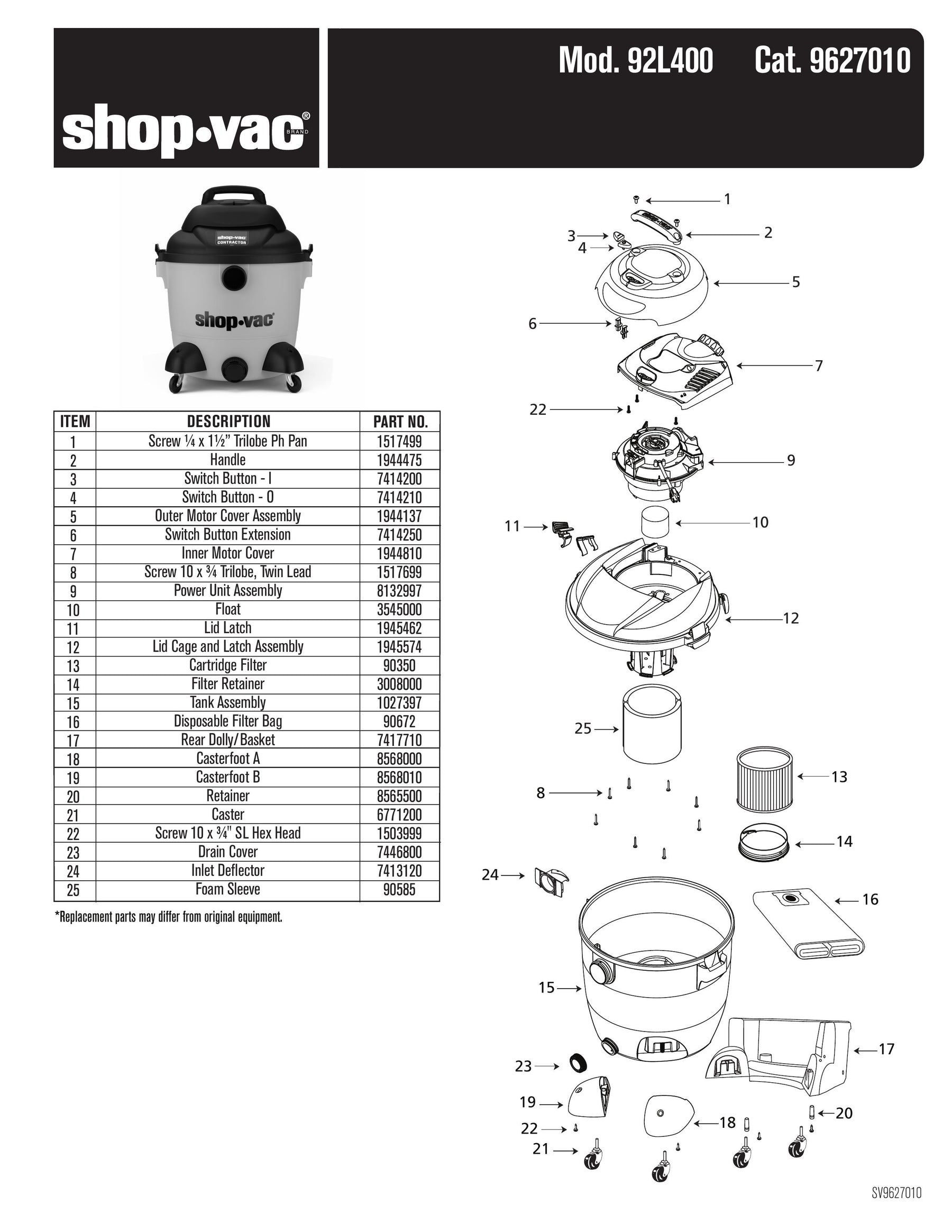ShopVac Parts List for 92L400B Models 10 Gallon* 4.0 Peak H