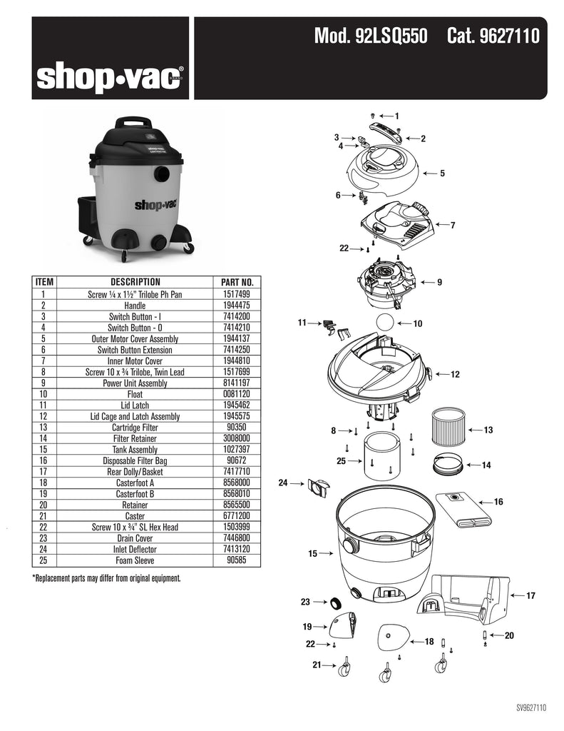 Shop-Vac Parts List for 92LSQ550 Models (Shop-Vac 12 Gallon* 5.5 Peak HP** SVX2 Powered Contractor Wet/Dry Vac)