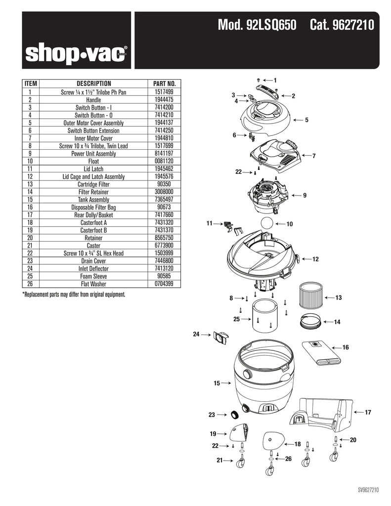 Shop-Vac Parts List for 92LSQ650 Models (Shop-Vac 16 Gallon* 6.5 Peak HP** SVX2 Powered Contractor Wet/Dry Vac)