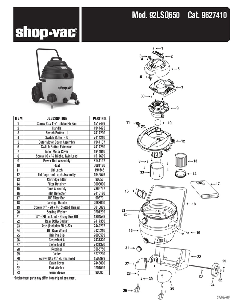 Shop-Vac Parts List for 92LSQ650 Models (Shop-Vac 18 Gallon* 6.5 Peak HP** SVX2 Powered Contractor Heavy-Duty Wet/Dry Vac)