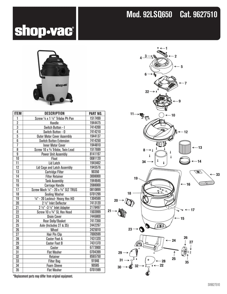 Shop-Vac Parts List for 92LSQ650 Models (Shop-Vac 24 Gallon* 6.5 Peak HP** SVX2 Powered Contractor Heavy-Duty Wet/Dry Vac)