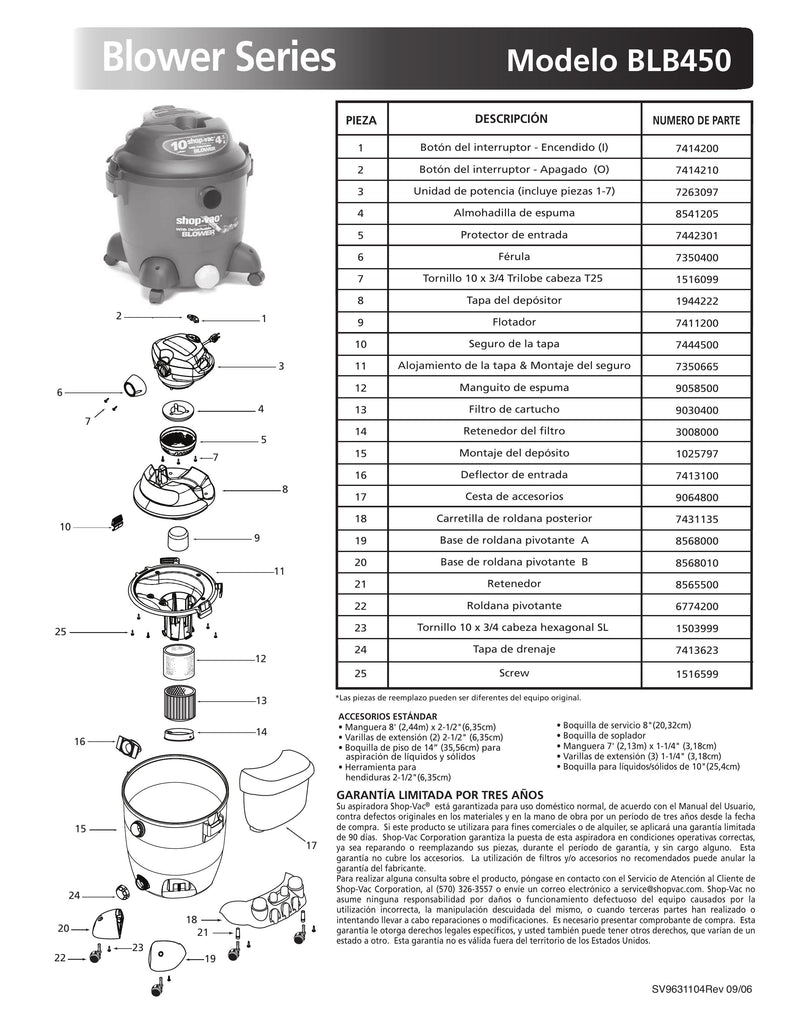 Shop-Vac Parts List for BLB450 Models (10 Gallon* Green / Black Blower Vac)