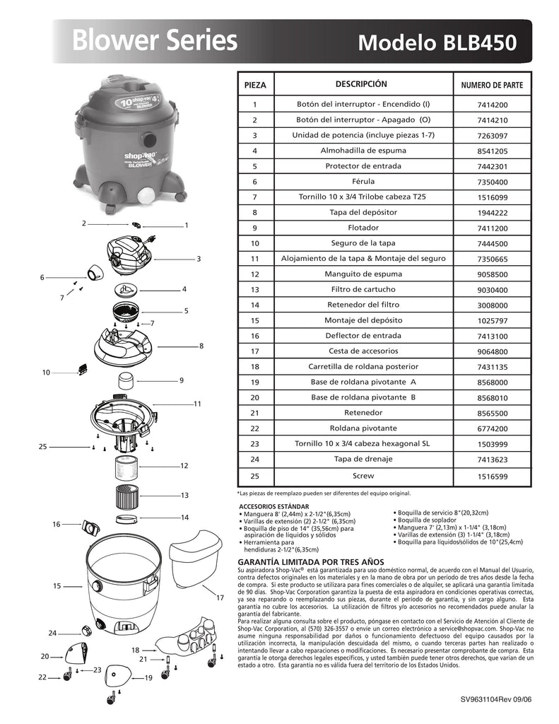 Shop-Vac Parts List for 92P600CM Models (Shop-Vac 16 Gallon* 6.0